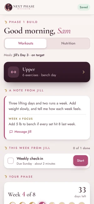 The client app’s home screen: today’s workout, a note from Jill and the weekly check-in