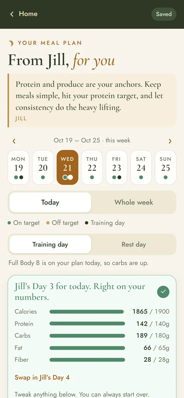 The meal plan screen: a note from Jill, the week’s days, a training-day toggle, and the day’s calories, protein, carbs, fat and fiber against their targets.