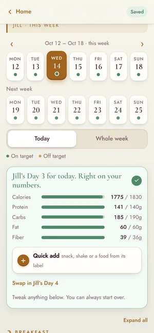 The client app's meal plan: Jill's Day 3, on target for calories, protein, carbs, fat and fiber