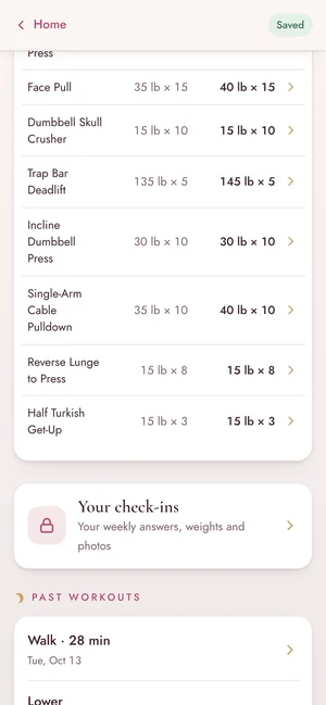 The client app's progress screen: starting and best sets for each exercise, and your weekly check-ins