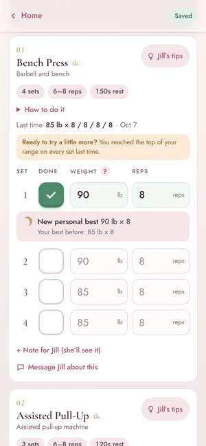 The client app: logging sets for today's workout, with a new personal best