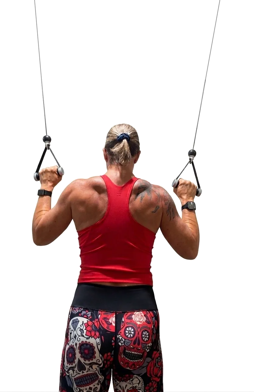 Jill doing a cable row, seen from behind, with a strong, defined back and shoulders